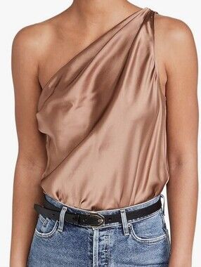 Cami NYC Darby Brown One Shoulder Silk Drapey Bodysuit Size Small Quiet Luxury